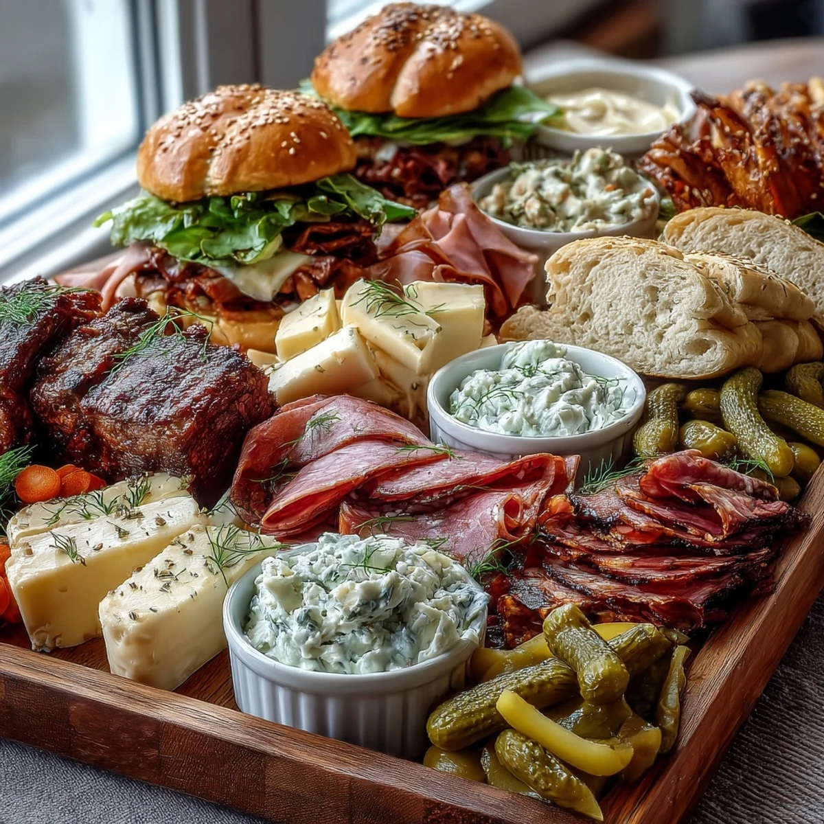 Loaded deli sandwich board with fresh ingredients