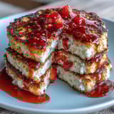 Fluffy cottage cheese pancakes topped with vibrant homemade strawberry syrup for a protein-rich breakfast treat.  
