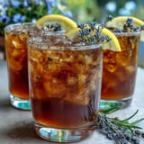 Lavender Honey Lemonade in a clear glass pitcher with fresh lemon slices and lavender sprigs on a white tablecloth.