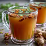Warm cup of dandelion root tea with ginger and turmeric, golden in color, served with a lemon wedge and cinnamon stick.