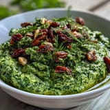 Creamy dandelion pesto featuring toasted pine nuts and Parmesan, perfect for tossing with hot pasta or spreading on crusty bread.