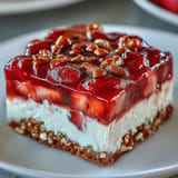 Layered Strawberry Pretzel Jello Salad with sweet cream and crunchy salty base.