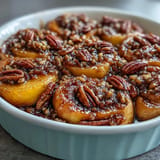 Golden baked peach cobbler cinnamon roll casserole, perfect for brunch.