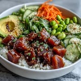 Fresh canned tuna poke bowl, a quick, colorful, and healthy weeknight dinner.