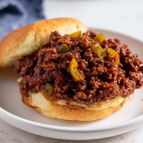 Ground beef and saucy Sloppy Joes, a satisfying American sandwich, ready to enjoy with pickles.