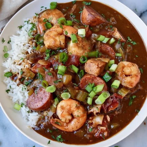 Close-up of hearty gumbo, showing the rich, dark roux and tender ingredients.