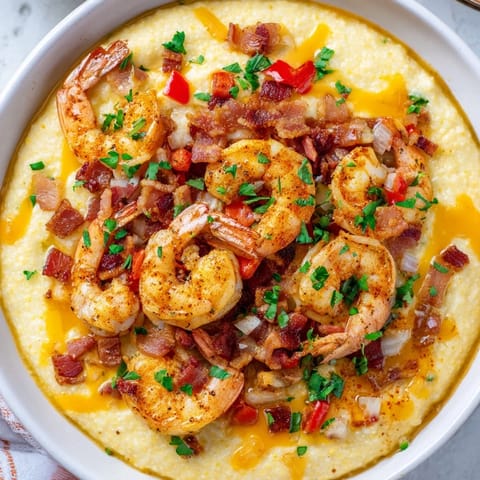 Close-up of golden shrimp and grits: Southern brunch favorite, beautifully plated and ready to eat.