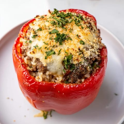 Savory ground meat and rice fill colorful stuffed bell peppers, baked in a rich tomato sauce.