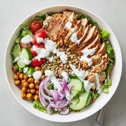 Sliced roasted chicken, creamy lemon tahini sauce, and colorful vegetables create a nourishing Mediterranean-inspired bowl perfect for a healthy lunch.
