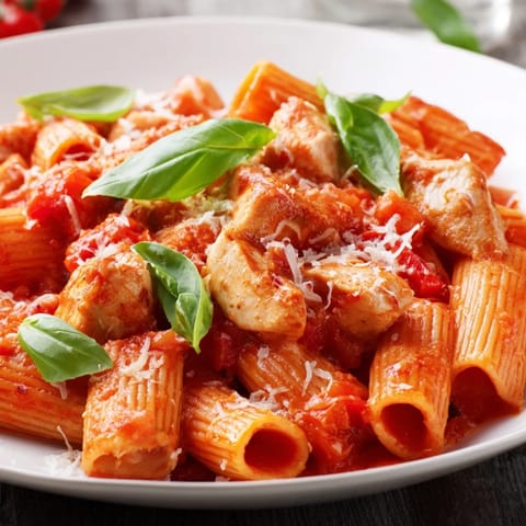 Hearty bite-sized chicken pieces tossed with al dente pasta in a vibrant tomato and basil sauce, topped with grated Parmesan.
