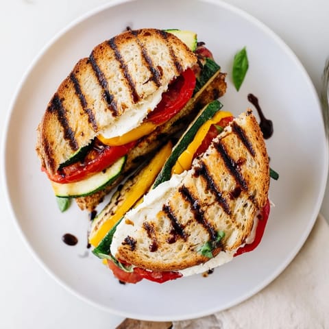 A close-up of the Roasted Veggie Caprese Grilled Cheese reveals juicy tomatoes and oozing cheese on buttery toasted bread.