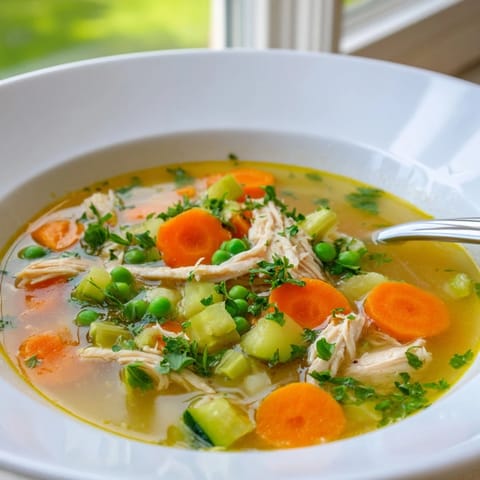 Spring Garden Chicken Soup is ladled into a white bowl, steam rising from tender vegetables and chicken, with a lemon wedge and crusty bread on the side.