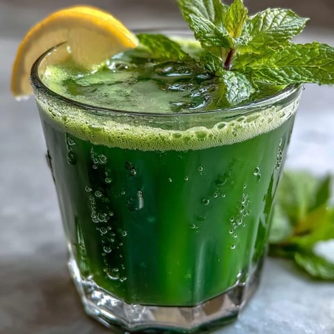 A tall glass of bright Celery Ginger Lemon Juice, filled with ice and garnished with a fresh mint leaf and lemon slice.  