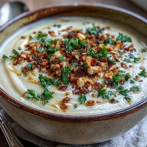 Hearty vegetarian celeriac soup garnished with toasted hazelnut crumble, paired with crusty bread for a cozy European-inspired meal.  