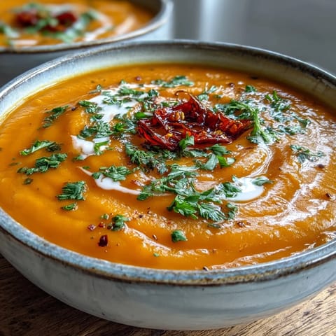 A vibrant bowl of Carrot, Celeriac, and Chilli Soup garnished with fresh coriander and a swirl of vegan yogurt.  