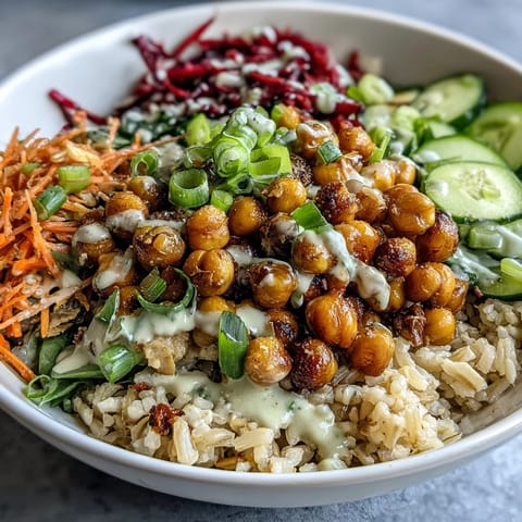 Serving suggestion for a vibrant Peanut Chickpea Rice Bowl, featuring tender chickpeas, crisp cucumbers, and fresh scallions tossed in a creamy, savory peanut sauce.