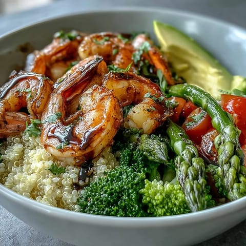 Succulent sautéed shrimp and fluffy quinoa in a colorful Buddha bowl, paired with red cabbage, tomato, and avocado for a light, wholesome meal.
