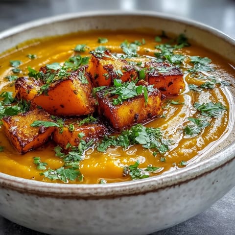 Creamy butternut squash and lentil soup garnished with fresh cilantro, served in a rustic bowl for a cozy vegan meal.  