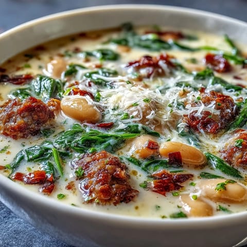 A warm bowl of Epic Creamy Tuscan White Bean Soup With Sausage, featuring tender beans and wilted spinach in a rich, savory broth.