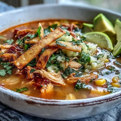 Best Chicken Tortilla Soup in a rustic bowl topped with crispy tortilla strips, diced avocado, and fresh cilantro.