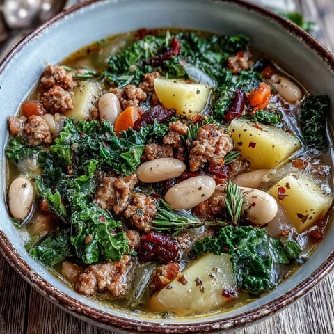 Creamy Tuscan White Bean Sausage Soup steams in a rustic bowl with kale and Parmesan.