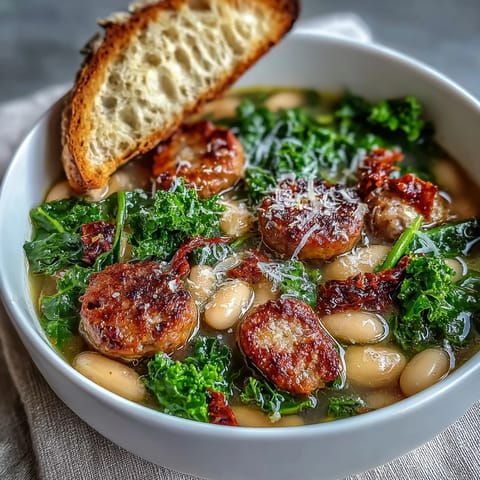 Italian White Bean Soup with Kale and Sausage garnished with Parmesan cheese and a rustic loaf of crusty bread on the side.