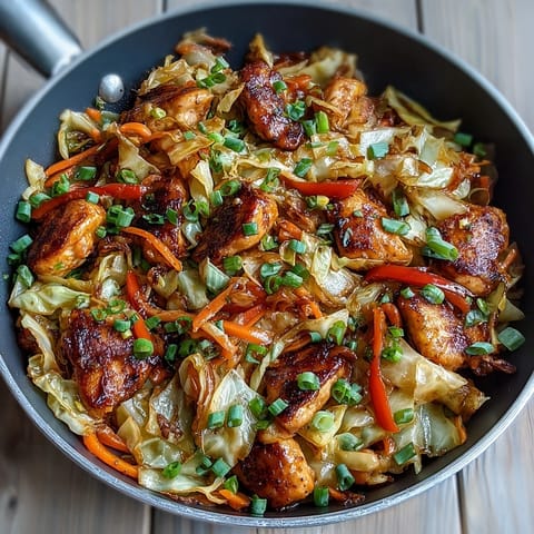 Quick-cooking Chicken Cabbage Stir-Fry in a hot wok with tender carrots and bright red bell peppers.