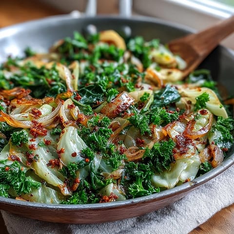 Fragrant Sautéed Cabbage With Garlic and Mediterranean Spices sizzling in a skillet, onions turning golden.