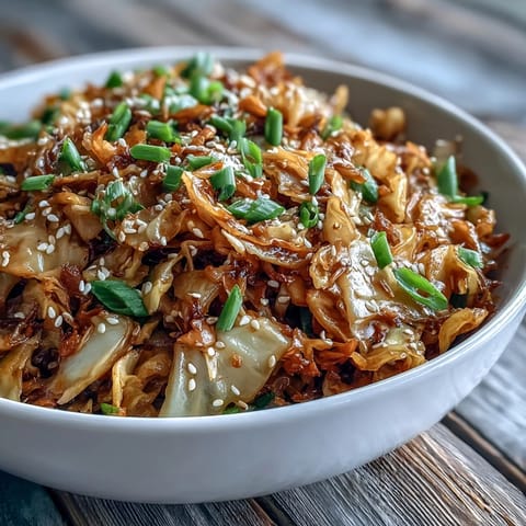 A close-up of Hot and Sour Cabbage featuring crisp-tender vegetables glistening with a savory, chili-infused sauce and toasted sesame seeds. 