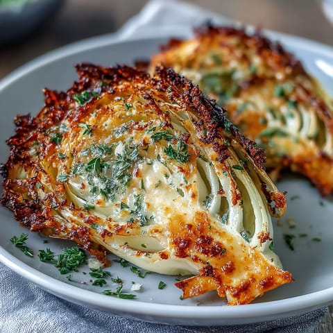 The recipe is Roasted Garlic Parmesan Cabbage Wedges, garnished with fresh herbs on a rustic plate.