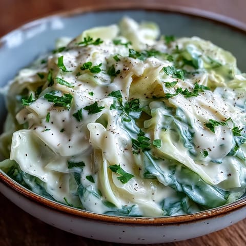 Tender shredded Creamed Cabbage in a silky, nutmeg-scented sauce, ready to accompany roast chicken or pork for a cozy weeknight meal.