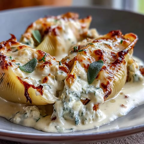 Creamy Pumpkin & Gouda Stuffed Shells rest in brown butter Alfredo, ready to slice and serve.