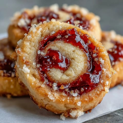 A close-up of Raspberry Swirl Shortbread Cookies showing the tender crumb and tangy fruit filling.