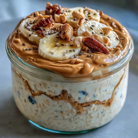 Creamy peanut butter overnight oats topped with fresh berries and chopped nuts for a protein-packed breakfast.