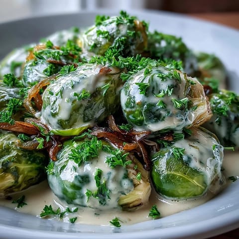 Tender Brussels sprouts in a rich cream cheese-mustard sauce, served hot as a comforting vegetarian dinner side.