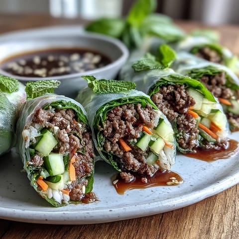 Fragrant Thai basil and tender beef blend with crunchy veggies in a golden-brown, tightly wrapped roll ready for dipping sauce.