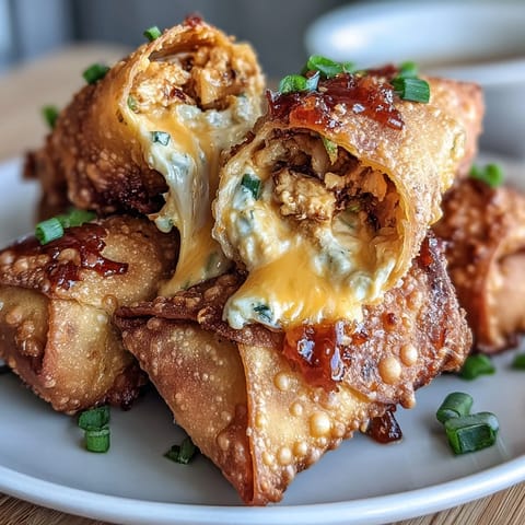 Crunchy egg rolls filled with spicy buffalo chicken dip and green onions, served with ranch for dipping.