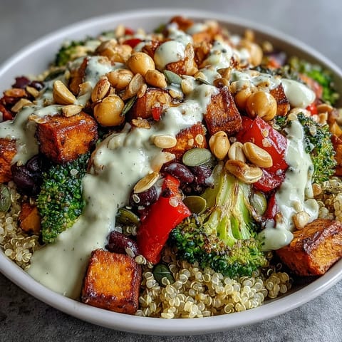 Meal Prep Week-Long Power Bowl with roasted sweet potatoes, broccoli, and chickpeas topped with zesty tahini dressing.