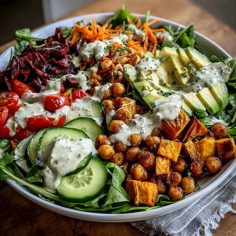 Freshly roasted sweet potatoes and crispy chickpeas are piled high on mixed greens in this Breakfast Buddha Bowl.
