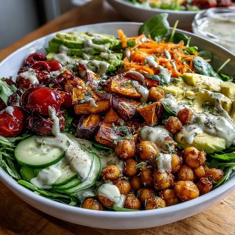 A vibrant Breakfast Buddha Bowl shows sliced avocado, cherry tomatoes, and shredded carrots tossed in creamy tahini dressing.
