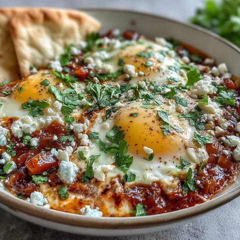 Vibrant Shakshuka Bowl with poached eggs in a spiced tomato sauce, served with warm pita bread for dipping.