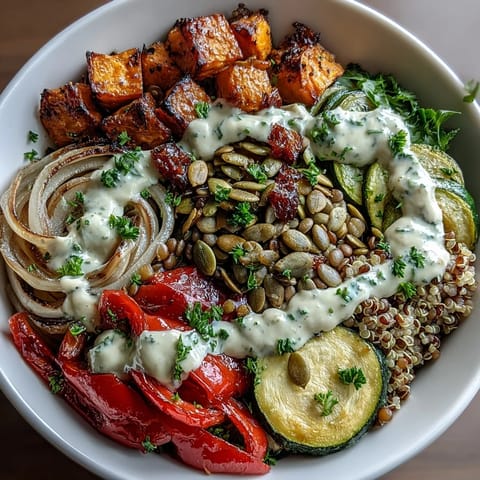Spoon digging into warm Lentil Power Bowl with tender lentils, roasted sweet potatoes, and bright parsley garnish.