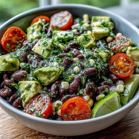 Freshly prepared Black Bean and Veggie Bowl with diced avocado, sweet corn, and cherry tomatoes, drizzled with zesty lime dressing.