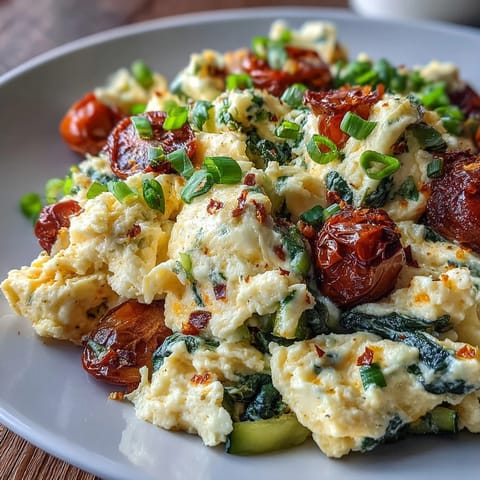 Fluffy scrambled eggs with melted cheddar and sautéed veggies in a white bowl.