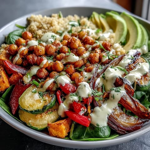 Golden roasted chickpeas and colorful vegetables sit atop quinoa in a Roasted Chickpea Power Bowl with creamy tahini drizzle.