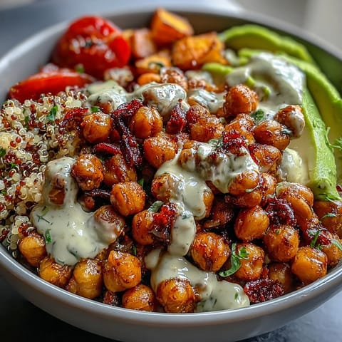 A drizzle of creamy tahini sauce and fresh avocado slices add richness to this nourishing Chickpea Power Bowl.