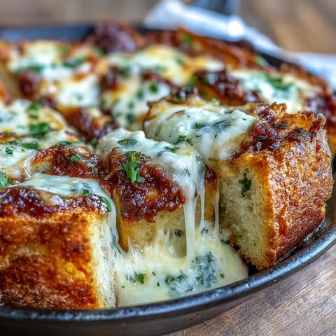 Golden, bubbling mozzarella tops the Cheesy Garlic Bread Lasagna Skillet, served hot from the cast iron.