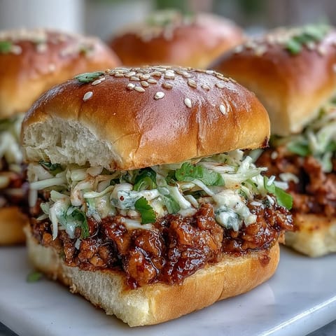Soft slider buns cradle spicy Korean Turkey Sloppy Joe Sliders topped with tangy crunchy slaw.