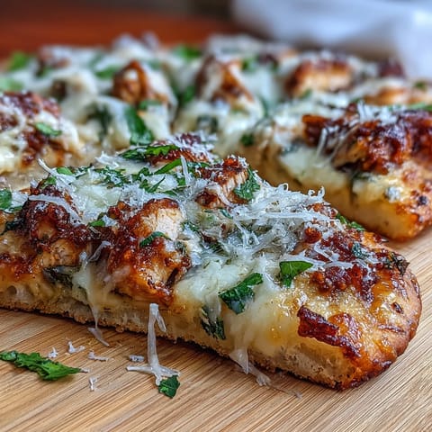 Freshly baked Garlic Naan Chicken Caesar Pizzas with drizzled dressing and shaved parmesan, served on a dark plate with herbs.