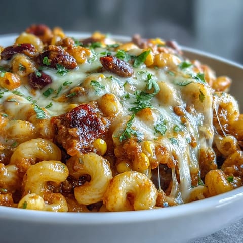 One-Pot Tex-Mex Chili Mac with Corn bubbling in a pot, melted cheddar cheese stretching over macaroni, beans, and peppers.